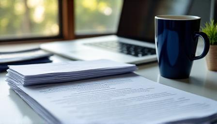 Modern workspace with laptop and contract papers