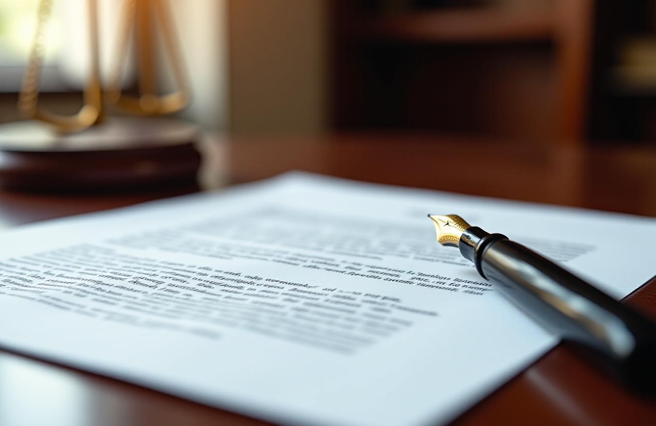 Close up of professional legal documents and fountain pen on a mahogany desk